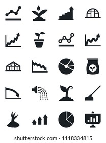 Set of vector isolated black icon - growth statistic vector, seedling, watering, sproute, hoe, greenhouse, fertilizer, pie graph, point, irrigation, arrow up, crisis, presentation