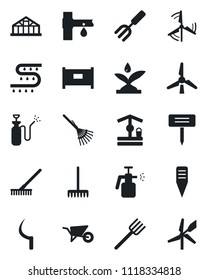 Set of vector isolated black icon - fence vector, garden fork, farm, rake, wheelbarrow, well, sickle, plant label, greenhouse, sprayer, drip irrigation, windmill