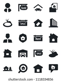 Set of vector isolated black icon - office building vector, house, pond, with tree, garage, estate document, sale, rent, sold signboard, search, agent, smart home, insurance, message