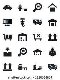 Set of vector isolated black icon - sea shipping vector, truck trailer, car delivery, port, cargo, warehouse storage, up side sign, no trolley, hook, package, search, moving