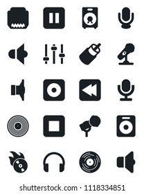 Set of vector isolated black icon - vinyl vector, flame disk, microphone, speaker, headphones, pause button, stop, rewind, rec, rca, hdmi, tuning, sound