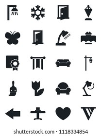 Set of vector isolated black icon - left arrow vector, pennant, butterfly, garden light, heart, tulip, themes, sertificate, desk lamp, cushioned furniture, restaurant table, snowflake, outdoor, door