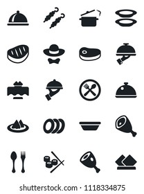 Set of vector isolated black icon - spoon and fork vector, dish, restaurant table, serviette, cafe, plates, waiter, dress code, steak, kebab, ham, bowl, steaming pan, sushi