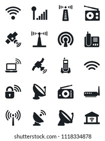 Set of vector isolated black icon - antenna vector, satellite, wireless notebook, office phone, radio, cellular signal, lock, router, garage gate control