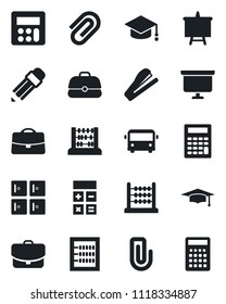 Set of vector isolated black icon - airport bus vector, checkroom, calculator, graduate, abacus, presentation board, case, paper clip, pencil, stapler