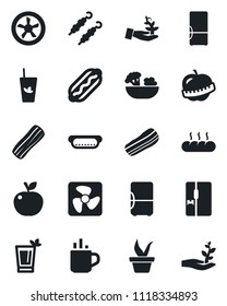 Set of vector isolated black icon - hot cup vector, seedling, diet, fridge, phyto bar, salad, bacon, bread, kebab, dog, apple fruit, fan, palm sproute