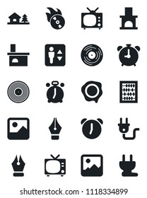 Set of vector isolated black icon - elevator vector, alarm clock, tv, abacus, stamp, fireplace, vinyl, flame disk, gallery, ink pen, house with tree, power plug