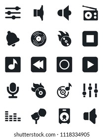Set of vector isolated black icon - vinyl vector, flame disk, microphone, radio, speaker, settings, equalizer, play button, stop, rewind, tuning, bell, record, music, sound