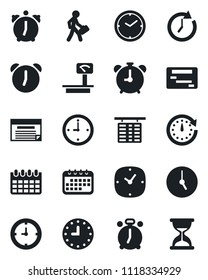 Set of vector isolated black icon - alarm clock vector, flight table, calendar, heavy scales, manager, schedule, sand