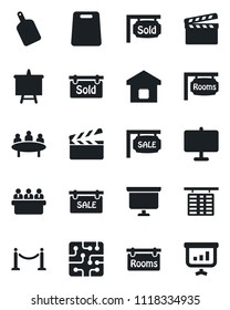 Set of vector isolated black icon - fence vector, flight table, presentation board, meeting, clapboard, sale, rooms, sold signboard, smart home, cutting, chip