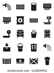 Set of vector isolated black icon - trash bin vector, bucket, watering, truck trailer, cargo container, package, oil barrel, heavy scales, railroad, archive box, water filter