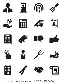 Set of vector isolated black icon - ladder car vector, medical room, garden fork, farm, glove, saw, client, touch screen, finger up, down, fingerprint id, contract, estate document, waiter
