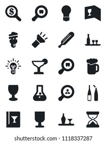Set of vector isolated black icon - bulb vector, thermometer, ampoule, fragile, search cargo, torch, client, alcohol, wine card, cocktail, beer, energy saving, money, idea, flask, sand clock