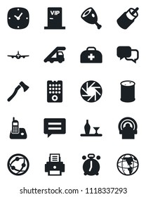 Set of vector isolated black icon - alarm clock vector, ladder car, plane, axe, doctor case, tomography, oil barrel, network, dialog, radio phone, rca, message, mobile camera, printer, alcohol, ham