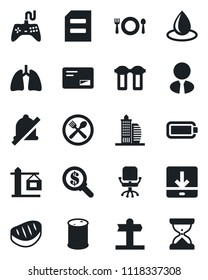 Set of vector isolated black icon - office chair vector, document, water drop, lungs, signpost, oil barrel, gamepad, mail, download, mute, battery, building, estate agent, crane, cafe, steak, filter