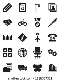 Set of vector isolated black icon - plane radar vector, gear, calculator, medal, document reload, pencil, butterfly, garden light, bike, 24 hours, car delivery, barcode, photo gallery, folder, pen
