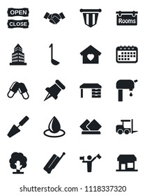 Set of vector isolated black icon - dispatcher vector, suitcase, fork loader, handshake, pennant, desk, trowel, tree, water drop, pills, paper pin, office building, supply, rooms, sweet home, ladle