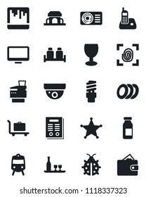 Set of vector isolated black icon - baggage trolley vector, train, lady bug, ampoule, fragile, monitor, radio phone, scanner, copier, contract, air conditioner, alcohol, plates, salt and pepper
