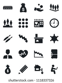 Set of vector isolated black icon - pedestal vector, team, money bag, crisis graph, fireplace, heart pulse, medical calendar, menu, clock, pencil, estate agent, air conditioner, kebab, home control
