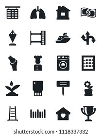 Set of vector isolated black icon - washer vector, flight table, pennant, ladder, house, plant label, lungs, joint, route, sea shipping, barcode, film frame, abacus, sweet home, flower in pot, cook