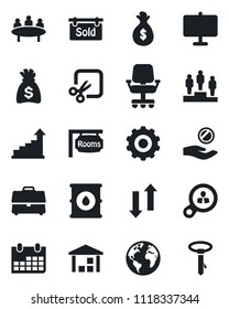 Set of vector isolated black icon - gear vector, growth statistic, pedestal, money bag, meeting, calendar, earth, warehouse, oil barrel, data exchange, cut, case, presentation board, rooms, tie