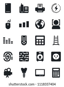 Set of vector isolated black icon - mouse vector, ladder, implant, earth, sorting, equalizer, tv, video camera, remote control, radio phone, speaker, back, calculator, face id, charge, printer, chip