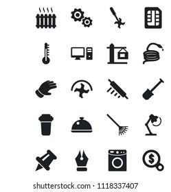 Set of vector isolated black icon - shovel vector, ripper, rake, glove, hose, paper pin, sim, ink pen, desk lamp, heater, crane, dish, rolling, pc, water filter, washer, thermometer, gear