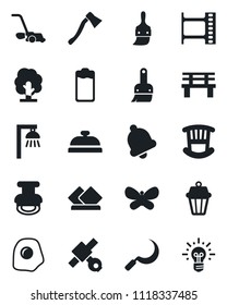 Set of vector isolated black icon - tree vector, lawn mower, butterfly, sickle, axe, bench, satellite, film frame, battery, themes, bell, stamp, children room, reception, omelette, serviette, idea