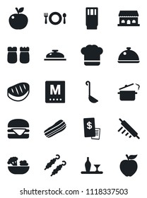 Set of vector isolated black icon - dish vector, alcohol, cafe, cook hat, menu, reception, drink, salad, bacon, salt and pepper, building, restaurant receipt, steak, kebab, hamburger, ladle