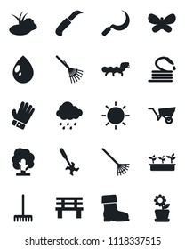 Set of vector isolated black icon - rake vector, tree, wheelbarrow, glove, boot, butterfly, seedling, water drop, sun, rain, hose, sickle, garden knife, bench, caterpillar, pond, ripper