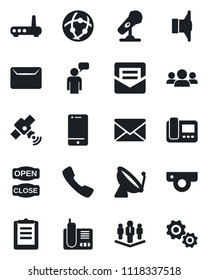 Set of vector isolated black icon - satellite antenna vector, speaking man, mail, clipboard, microphone, speaker, cell phone, radio, call, network, company, open close, router, web camera, intercome