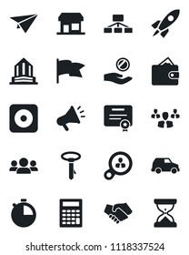Set of vector isolated black icon - rec button vector, stopwatch, consumer search, group, rocket, handshake, wallet, investment, flag, calculator, car, paper plane, hierarchy, certificate, tie