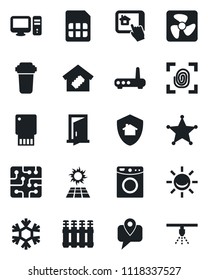 Set of vector isolated black icon - mobile tracking vector, sim, smart home, chip, fingerprint, fan, router, snowflake, pc, control app, water filter, washer, radiator, protect, police, sun panel