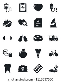 Set of vector isolated black icon - doctor case vector, diagnosis, blood pressure, dropper, heart diagnostic, microscope, pills, blister, ambulance car, barbell, bike, lungs, tooth, implant, diet