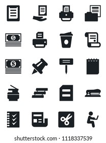 Set of vector isolated black icon - notepad vector, document, coffee, printer, contract, plant label, cash, clipboard, paper pin, cut, news, folder, checklist, tray, copier, stapler