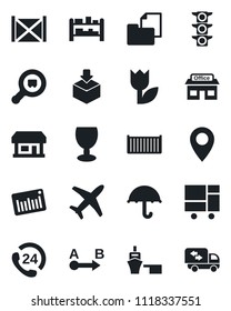 Set of vector isolated black icon - pin vector, store, plane, traffic light, 24 hours, cargo container, sea port, consolidated, folder document, fragile, umbrella, tulip, package, search, barcode