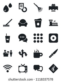 Set of vector isolated black icon - passport control vector, tv, airport building, coffee, document reload, rake, route, dialog, rec button, menu, cushioned furniture, wireless, restaurant table