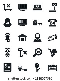 Set of vector isolated black icon - pin vector, cash, traffic light, 24 hours, support, truck trailer, receipt, sea port, cargo, no trolley, hook, tulip, warehouse, heavy scales, search, route, rack