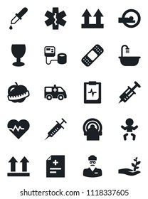 Set of vector isolated black icon - baby vector, heart pulse, diagnosis, syringe, blood pressure, dropper, patch, tomography, ambulance star, car, clipboard, diet, doctor, fragile, up side sign
