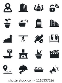 Set of vector isolated black icon - office building vector, growth statistic, seedling, blood test vial, navigation, satellite, heavy scales, clapboard, meeting, fireplace, city house, waiter