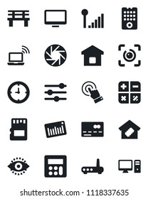 Set of vector isolated black icon - credit card vector, wireless notebook, calculator, bench, clock, barcode, touch screen, monitor, mobile camera, tuning, sd, eye id, cellular signal, smart home