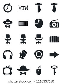 Set of vector isolated black icon - cafe vector, right arrow, office chair, mouse, tie, stamp, fence, glove, cargo container, radio, tv, headphones, dress code, clock