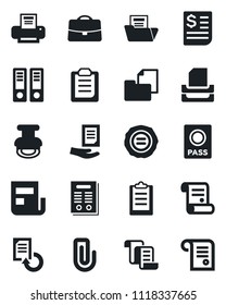 Set of vector isolated black icon - passport vector, contract, office binder, document, reload, stamp, receipt, folder, clipboard, case, paper clip, news, printer, tray