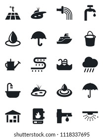Set of vector isolated black icon - watering can vector, bucket, water drop, rain, drip irrigation, sea shipping, umbrella, warehouse, pond, pool, supply, bathroom, heater, warm floor, sprinkler