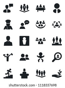 Set of vector isolated black icon - dispatcher vector, male, baby, reception, speaking man, pedestal, team, meeting, speaker, group, user, company, hr, career ladder, estate agent, cook