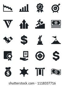 Set of vector isolated black icon - handshake vector, dollar sign, pedestal, medal, document, cash, sertificate, bar graph, target, career ladder, police, arrow up, motivation, money bag, pennon