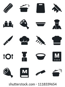 Set of vector isolated black icon - cook vector, cafe, hat, menu, bacon, salt and pepper, ham, bowl, rolling pin, cutting board, knife, steaming pan