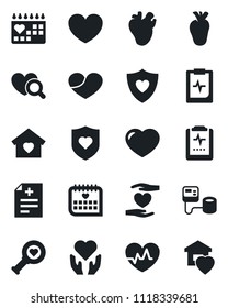 Set of vector isolated black icon - heart vector, pulse, diagnosis, blood pressure, diagnostic, shield, hand, real, medical calendar, clipboard, sweet home