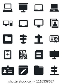 Set of vector isolated black icon - identity vector, office binder, notebook pc, document, pulse clipboard, signpost, monitor, folder, notes, photo gallery, presentation board, certificate
