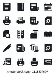 Set of vector isolated black icon - contract vector, book, document search, pen, notepad, printer, folder, news, calendar, schedule